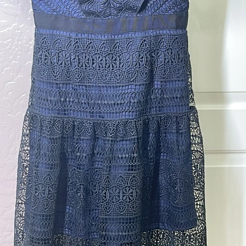 Self Portrait Spiral Panel Lace Midi Dress Navy Blue US Size 6 NEW - Picture 7 of 13